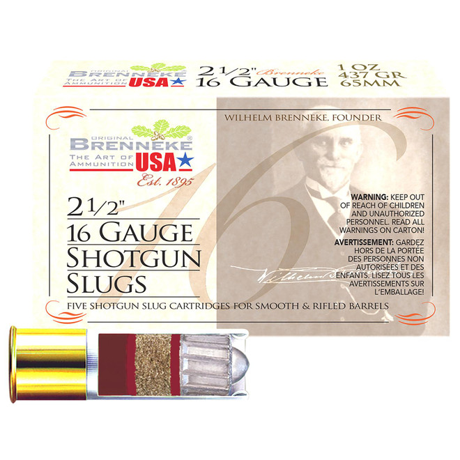 Brenneke SL162BR Brenneke 16 16Gauge 2.50" 1oz Slug Shot 5 Per Box/50 Case