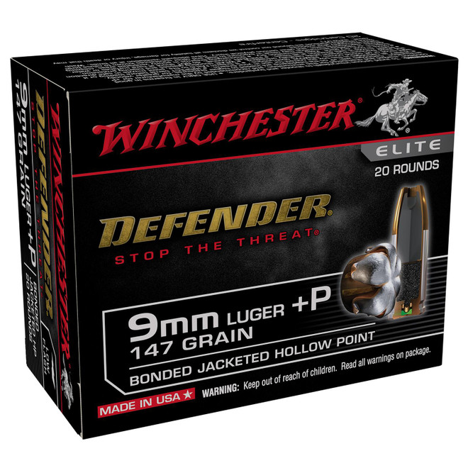 Winchester Ammo S9MMPDB2 Defender 9mmLuger+P 147gr Bonded Jacket Hollow Point 20 Per Box/10 Case