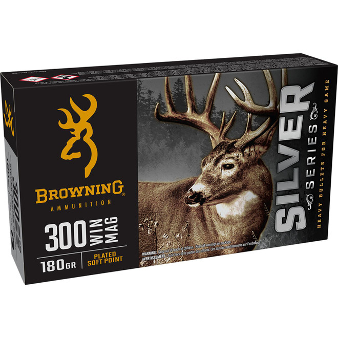 Browning Ammo B192603001 Silver 300Win Mag 180gr Plated Soft Point 20 Per Box/10 Case