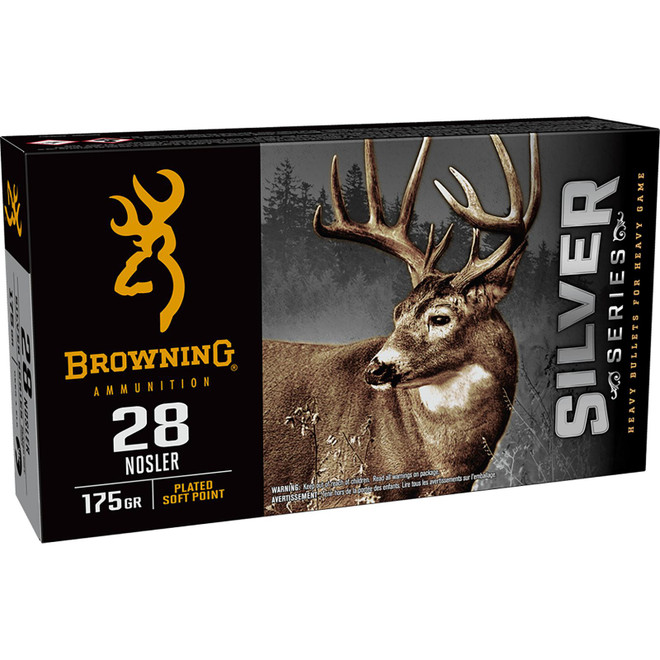 Browning Ammo B192600281 Silver 28Nosler 175gr Plated Soft Point 20 Per Box/10 Case