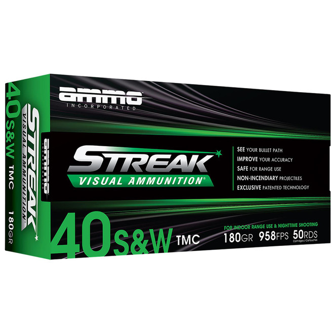 Ammo Inc 40180TMCSTRKGRN50 Streak Visual (GREEN) 40S&W 180gr Total Metal Case 50 Per Box/20 Case