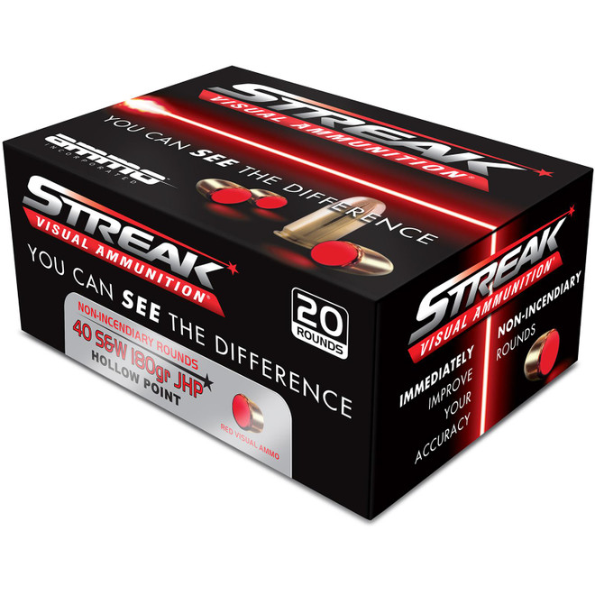 Ammo Inc 40180JHPSTRKRED Streak Visual (RED) 40S&W 180gr Jacketed Hollow Point 20 Per Box/10 Case