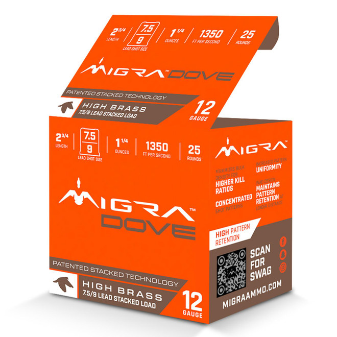 Migra Ammunitions M12UD75-9 Dove 12Gauge 2 3/4" 1 1/4oz 7.5/9Shot 25 Per Box/10 Case