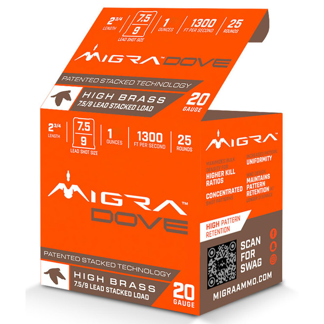 Migra Ammunitions M20LF7.59 Dove 20Gauge 2 3/4" 1oz 7.5/9Shot 25 Per Box/10 Case