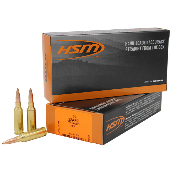 HSM 22ARC1N Varmint 22ARC 75gr Hollow Point Boat Tail 20 Per Box/25 Case
