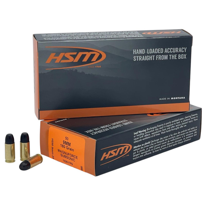 HSM 9MM24N 9mmLuger Subsonic 180gr Hard Cast Long Flat Nose 50 Per Box/10 Case