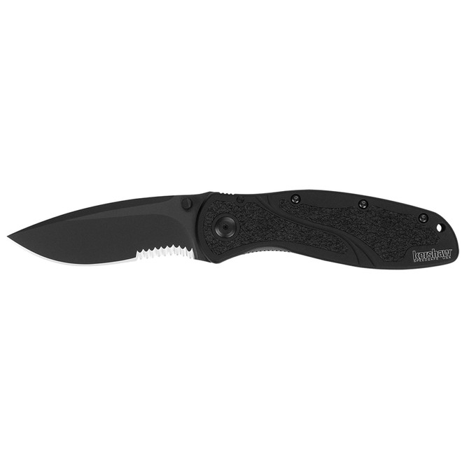 Kershaw 1670BLKST Blur 3.40" Folding Drop Point w/Recurve Part Serrated Black DLC 14C28N Steel Blade Black Anodized Aluminum Handle Includes Pocket Clip