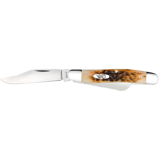 Case 00128 Stockman Medium 2.92"/2.15"/1.90" Folding Clip/Sheepsfoot/Spey Plain Mirror Polished Tru-Sharp SS Blade/Peach Seed Jigged Amber Bone Handle