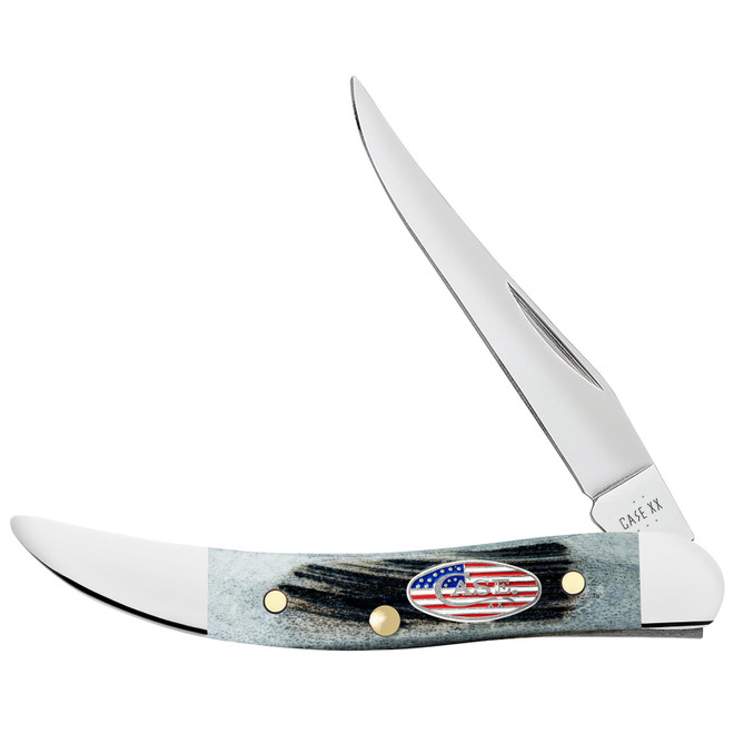 Case 53064 Texas Toothpick Stars & Stripes Small 2.25" Folding Clip Point Plain Mirror Polished Tru-Sharp SS Blade, Jigged Gray Bone Handle, American Flag Shield