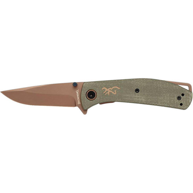 Browning 3220516 Trailside EDC Small 3" Folding Modified Drop Point Plain Titanium Finish D2 Steel Blade, Green Micarta Handle