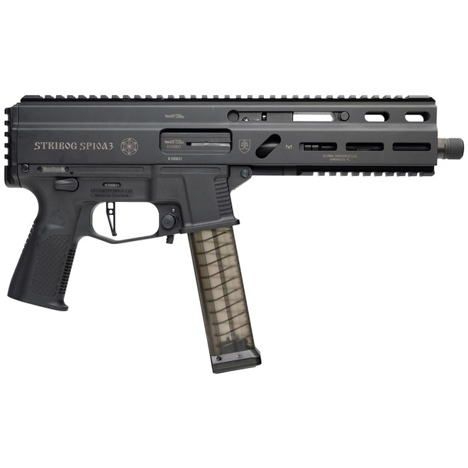 Grand Power 810091157152 SP10A3 Stribog 10mm Auto 20+1 8" Black Threaded Barrel, Black Aluminum Picatinny Rail Receiver, Rear picatinny Rail, Black Polymer Grip, Thread Protector