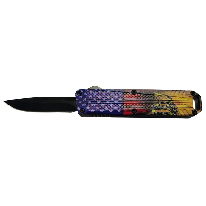 Xcaliber Knife Company Don't Tread on Me Small 2.75" OTF Drop Point Plain Black 440C SS Blade, 4.15" US Flag Aluminum Handle