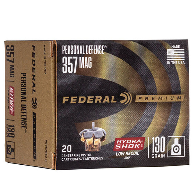 Federal PD357HS2H Premium Personal Defense Low Recoil 357 Mag 130 GR HydraShok Jacketed Hollow Point 20 Box
