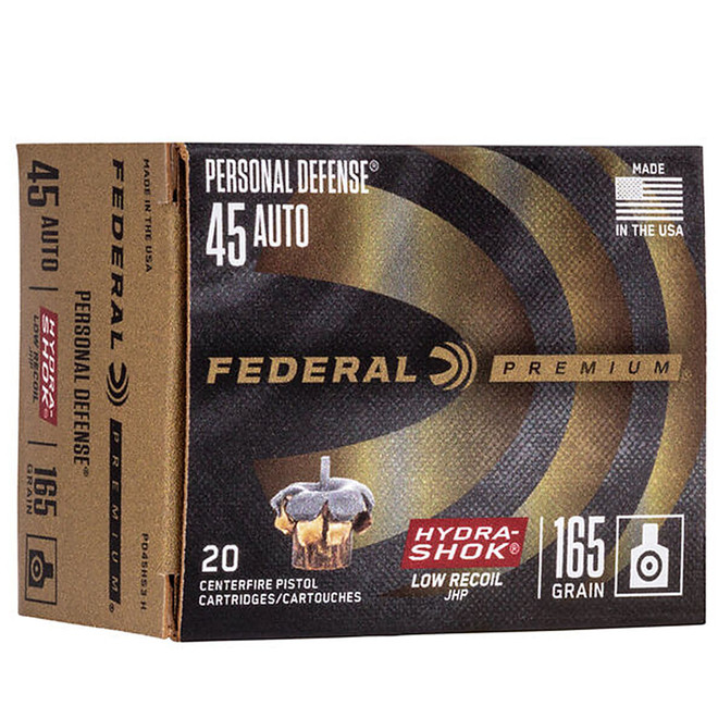 Federal PD45HS3H Premium Personal Defense Low Recoil 45 ACP 165 GR HydraShok Jacketed Hollow Point 20 Box