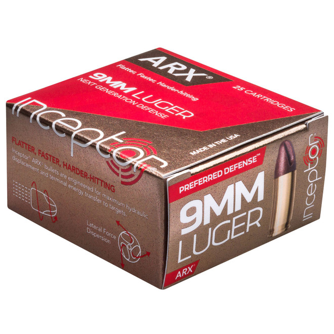 Inceptor 9ARXBRLUG65 Preferred Defense 9mm Luger 65 GR ARX 25 Box