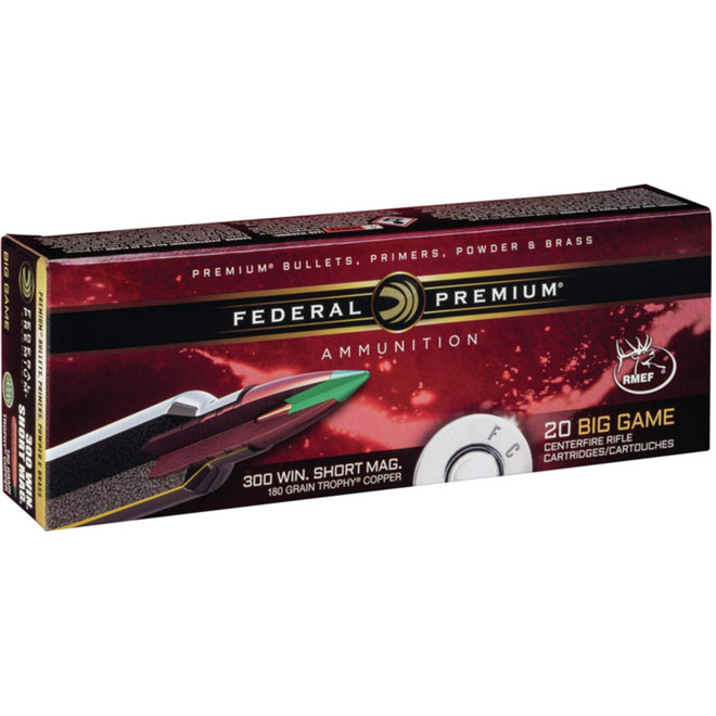 Federal Premium Ammunition 300 Winchester Short Magnum (WSM) 180 Grain Trophy Copper Tipped Boat Tail Lead-Free Box of 20