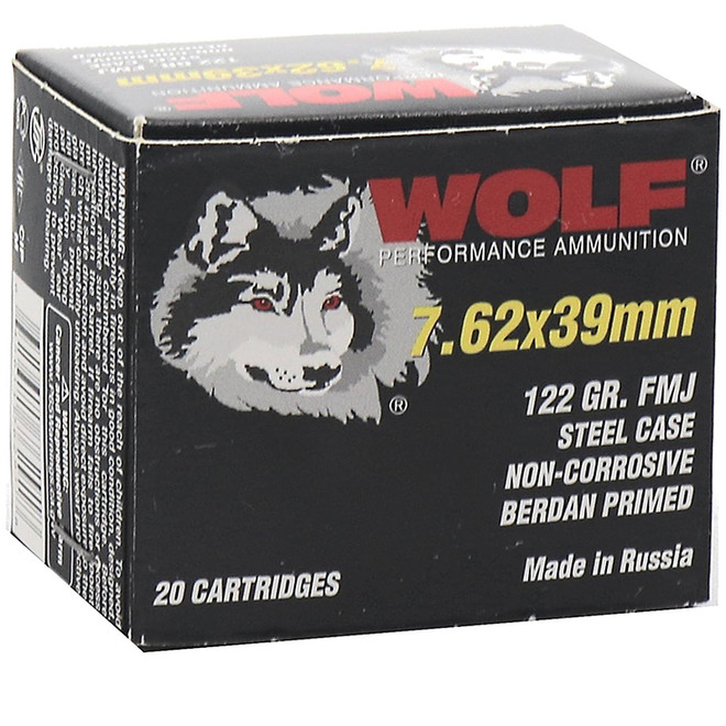 Wolf Performance 7.62x39mm Ammo 122GR FMJ Steel Case 20 Rounds