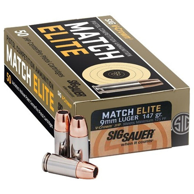 SIG Sauer Match Elite Competition 9mm Luger Ammunition 50 Rounds 147GR JHP 900 fps