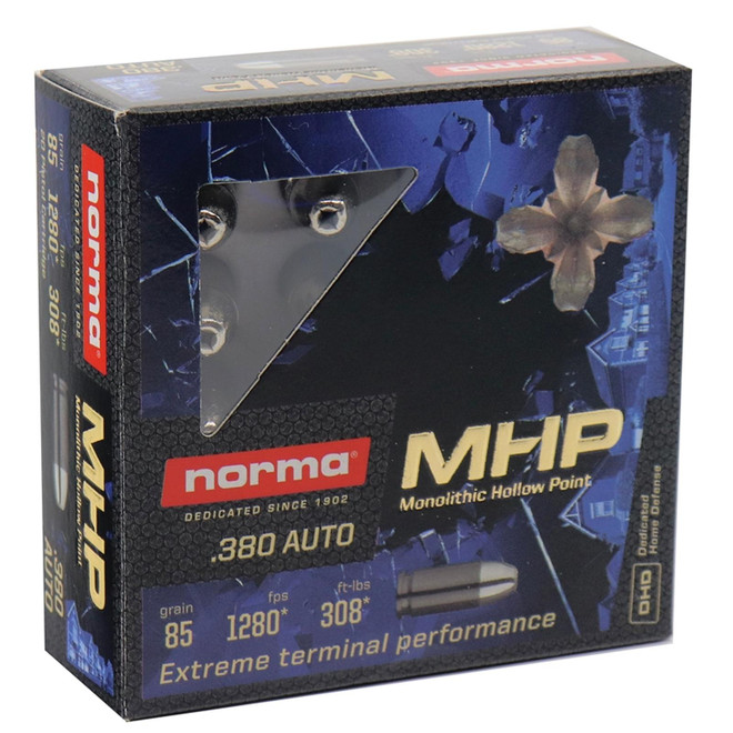 Norma 380 ACP Ammo 85 GR Monolithic Hollow Point 20 Rounds