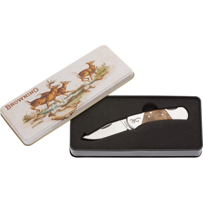 Browning Vintage Whitetail Tin Folding Knife 2.375" Drop Point 7Cr15 Satin Blade