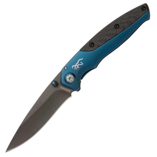 Browning Carbon Carry Folding Knife 3" Drop Point D2 Tool Steel Titanium Black/Blue