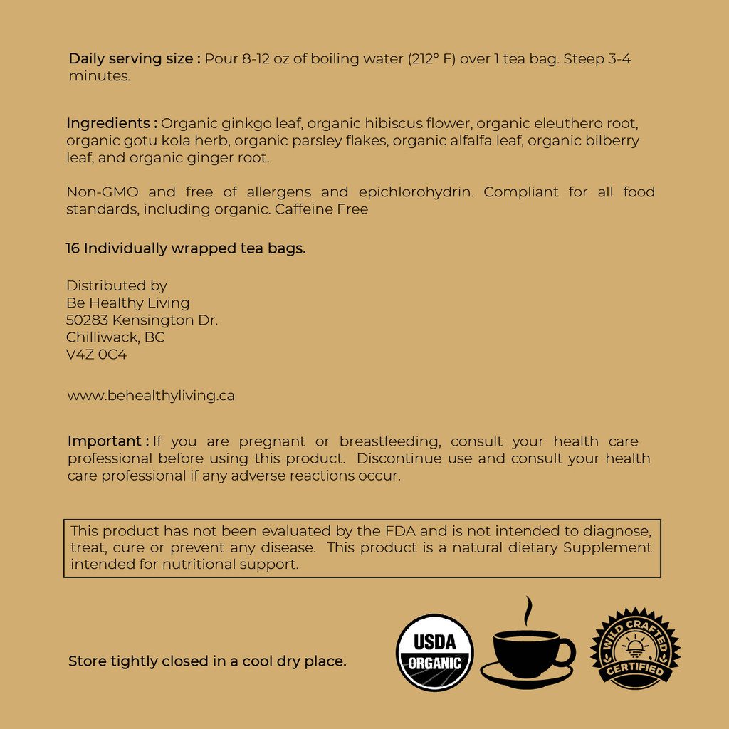 This picture shows the back label of our Memory Boost Tea, describing the ingredients and suggested use.  The tea bags have a blend of  Organic Gingko Leaf, Organic Hibiscus Flower, Organic Eleuthero Root, Organic Gotu Kola herb, Organic Parsley Flakes, Organic Alfalfa Leaf, Organic Bilberry Leaf, Organic Ginger Root.