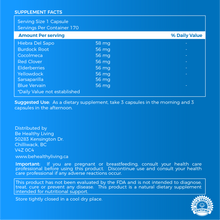 This image shows the back label of our Brain Boost, indicating its ingredients of Red Clover, Cocolmeca, Sarsaparilla, Yellow Dock, Elderberry, Blue Vervain, Burdock Root and Sapo.