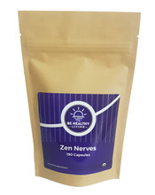 This is a picture of our Zen Nerves in a kraft bag, which contains 190 vegetarian capsules.  This product helps with better mood, relaxation, stress and sleep.