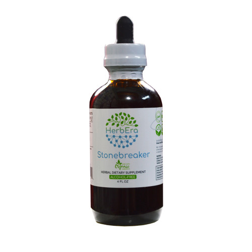 This is an image of a 4 OZ bottle of Herb Era Stone Breaker. Herb Era Stone Breaker is ideal for individuals suffering from normal urine flow and bladder function. The combination of extracts together seeks to support a healthy urinary tract and kidneys, and to discourage calcium oxalate crystal formation.