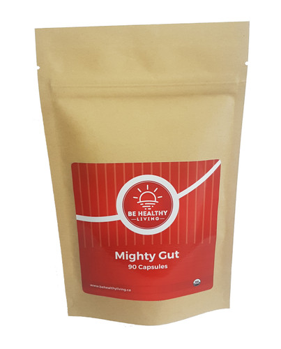 This is a picture of our Mighty Gut in a kraft bag, which contains 90 vegetarian capsules.