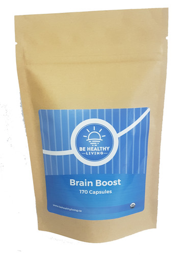 This picture describes the front view of our Brain Boost, which contains 170 vegetable capsules and is made from wildcrafted herbs. Our product promotes a healthy brain and helps with stress, mood and energy levels. Also improves Concentration, Improves Memory & focus.