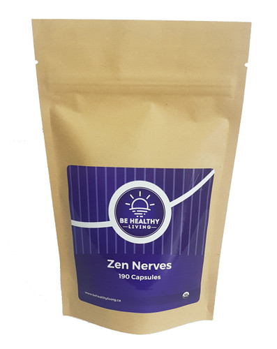 This is a picture of our Zen Nerves in a kraft bag, which contains 190 vegetarian capsules. This product helps with better mood, relaxation, stress and sleep.