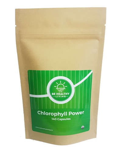This is a picture of our Chlorophyll Power in a kraft bag, which contains 140 vegetarian capsules. Our Chlorophyll Power purifies the blood and supports healthy levels of inflammation to maintain a healthy liver.