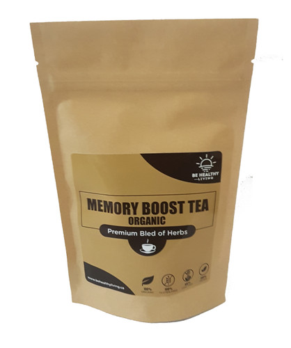 This image is the front of our Memory Boost Tea in a enviro friendly Kraft bag, containing 16 tea bags.