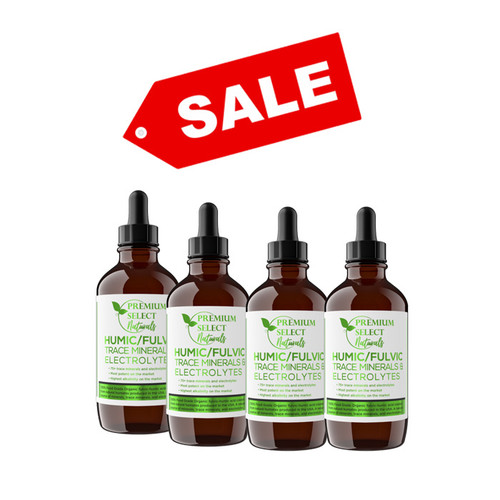 Picture shows 4 bottles of Premium Select Naturals Humic Fulvic as bulk sale.