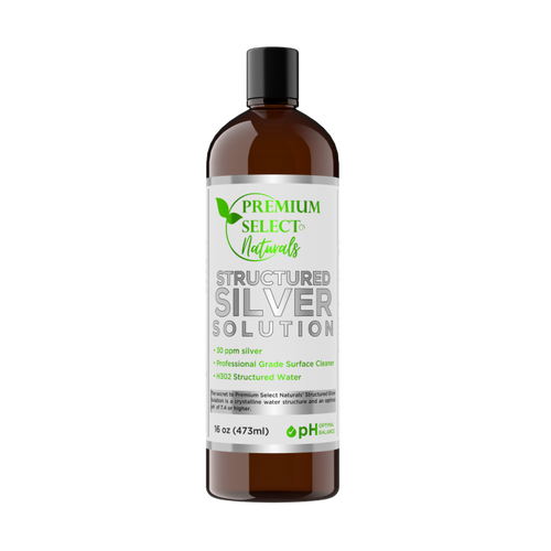 Picture describes the front view of a bottle of Premium Select Natural Structured Silver Solution in 16oz size.