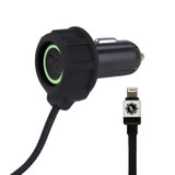 Car charger with tough silicone bumper, green charging indicator light and inbuilt flat braided nylon Lightning cable