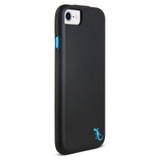 Back of black tough case with blue accents for iPhone SE, iPhone 8, iPhone 7, iPhone 6 and iPhone 6s with TPE outer shell and shocking absorbing inner layer and power button cover facing right