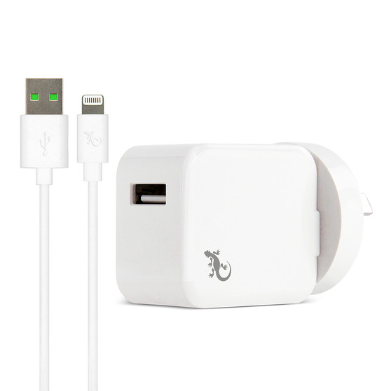 White single USB port phone charger with Australian plug and 1.5m round USB to Lightning iPhone charging cable