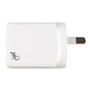 White phone charger with 20W fast charging PD USB-C port, 12W quick charge 3.0 USB-A port and Australian plug side view