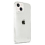 Back of clear flexible TPU case for iPhone 13 with shock resistant bumper edges and power button cover facing right