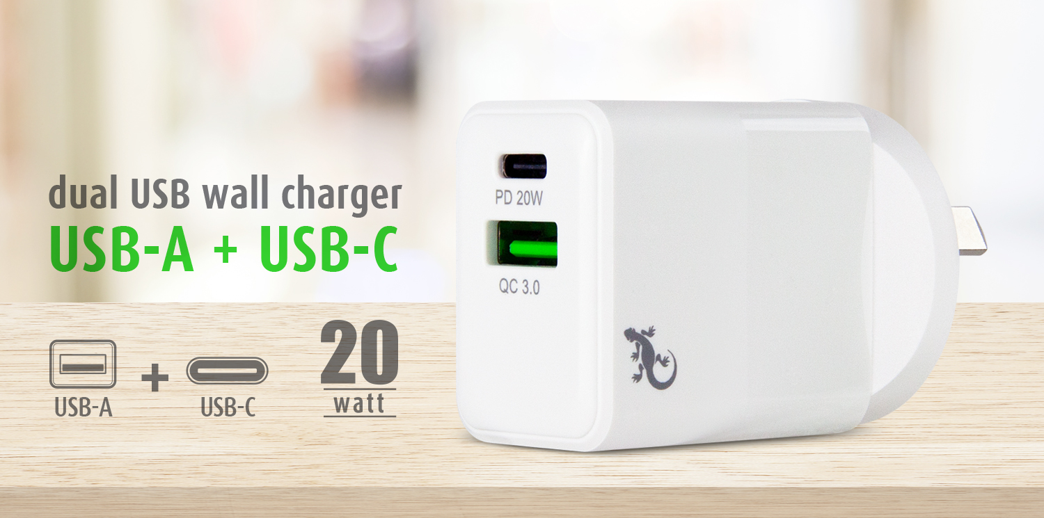 20W Dual USB wall charger - USB-A + USB-C ports