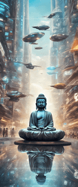 Buddha in a futuristic cityscape with holographic esrgan   10195