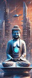 Buddha in a futuristic cityscape with holographic esrgan   10196