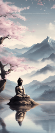 Buddha standing at the edge of a tranquil lake wide esrgan   10199