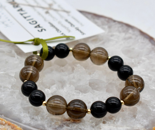 Sagittarius Stretch Bracelet, Black Obsidian and Smoky Quartz