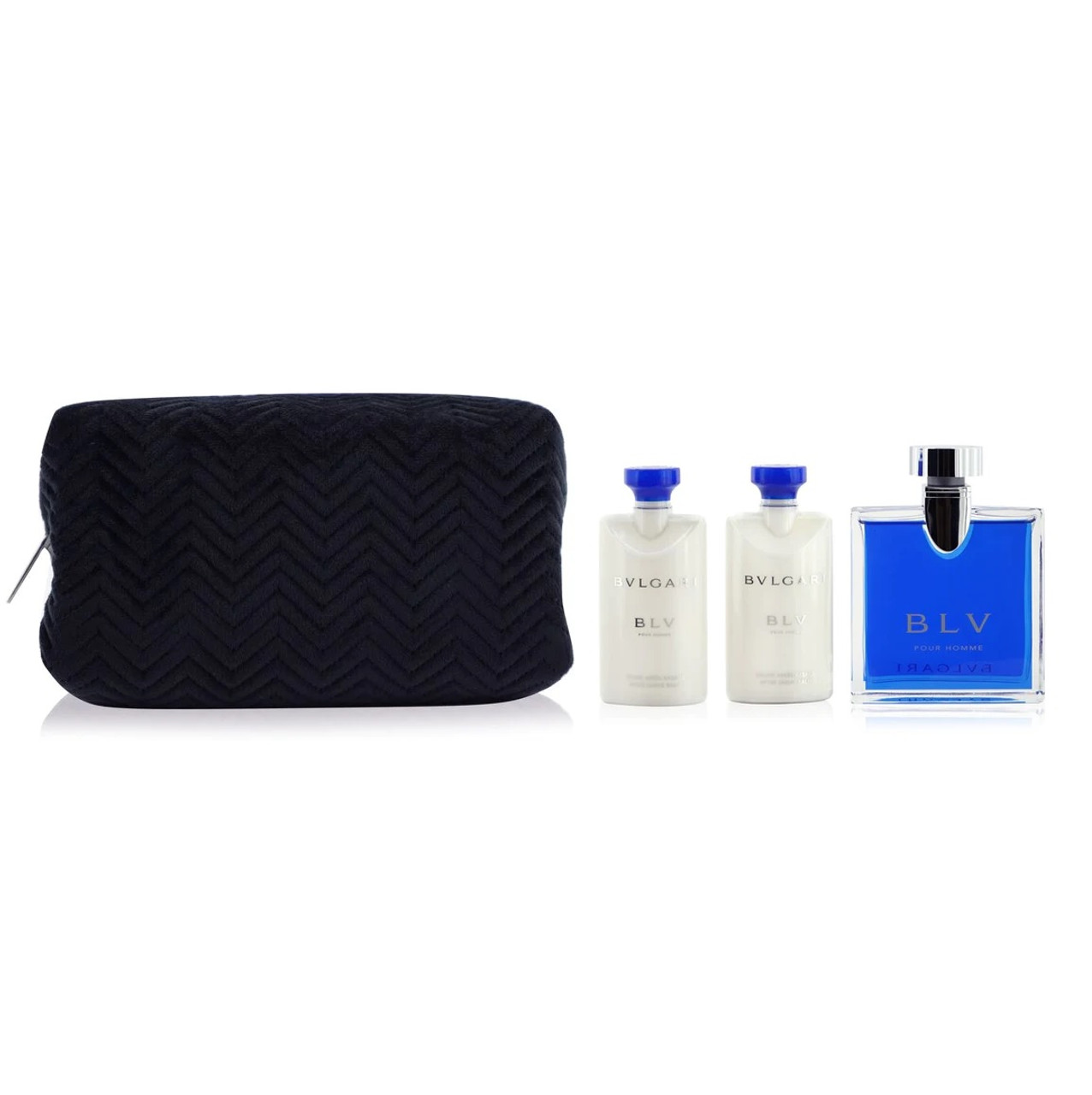 BVLGARI BLV 4 PCS SET FOR MEN: 3.4 EAU DE TOILETTE SPRAY + 2 X 2.5 AFTER  SHAVE BALM + POUCH (PICTURE BOX)