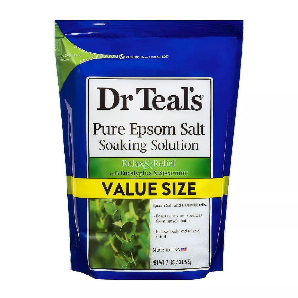 Dr Teal’s Relax & Relief Pure Epsom Salt Soaking Solution with Eucalyptus & Spearmint, Value Size 7 lb (3.175 kg) product package