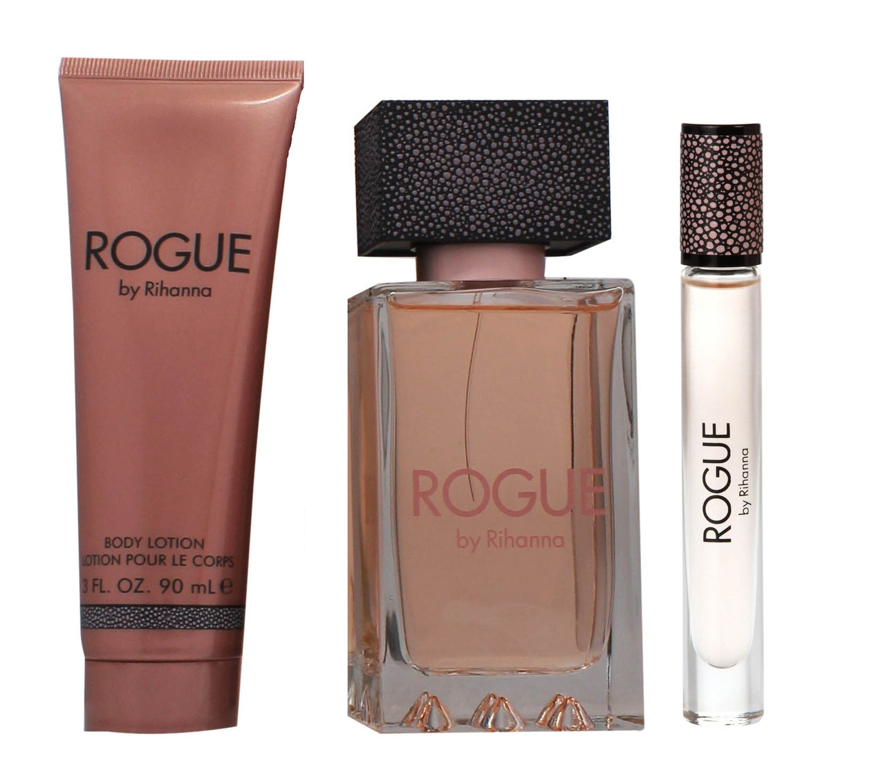 RIHANNA ROGUE PCS SET: EAU DE PARFUM SPRAY OZ EAU DE PARFUM  ROLLERBALL OZ BODY LOTION