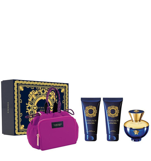 VERSACE DYLAN BLUE 4 PCS SET FOR WOMEN: 3.4 EAU DE PARFUM SPRAY + 3.4 SHOWER GEL + 3.4 BODY LOTION + BAG